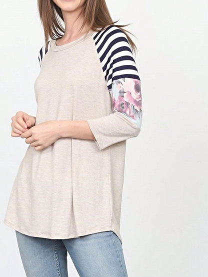 Boho Retro 90's Vintage  Floral Soft Stripe Raglan Oatmeal Cream High And Low Beige Sleeve Tunic Top Shirt