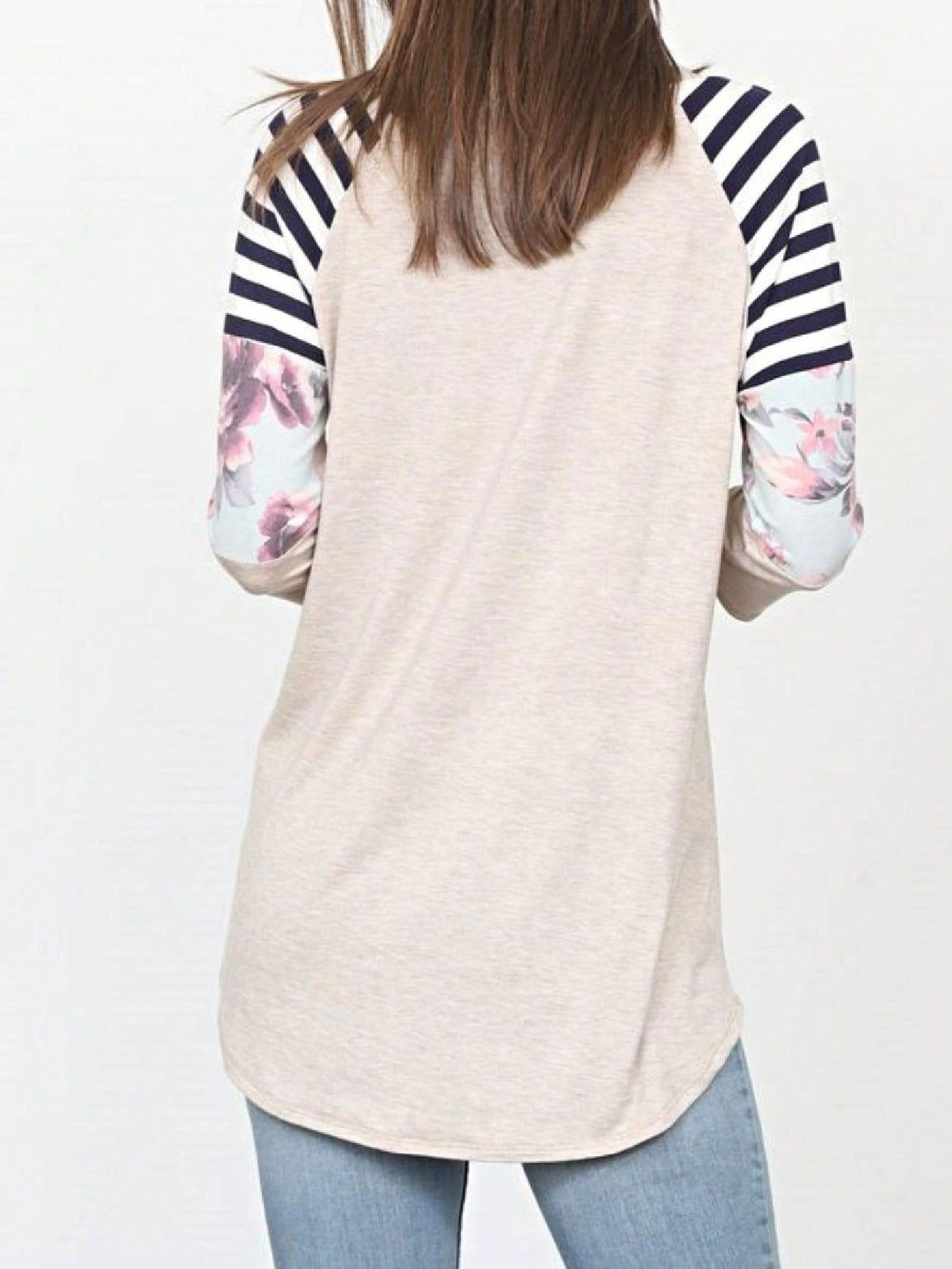 Boho Retro 90's Vintage  Floral Soft Stripe Raglan Oatmeal Cream High And Low Beige Sleeve Tunic Top Shirt
