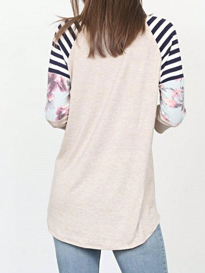 Boho Retro 90's Vintage  Floral Soft Stripe Raglan Oatmeal Cream High And Low Beige Sleeve Tunic Top Shirt