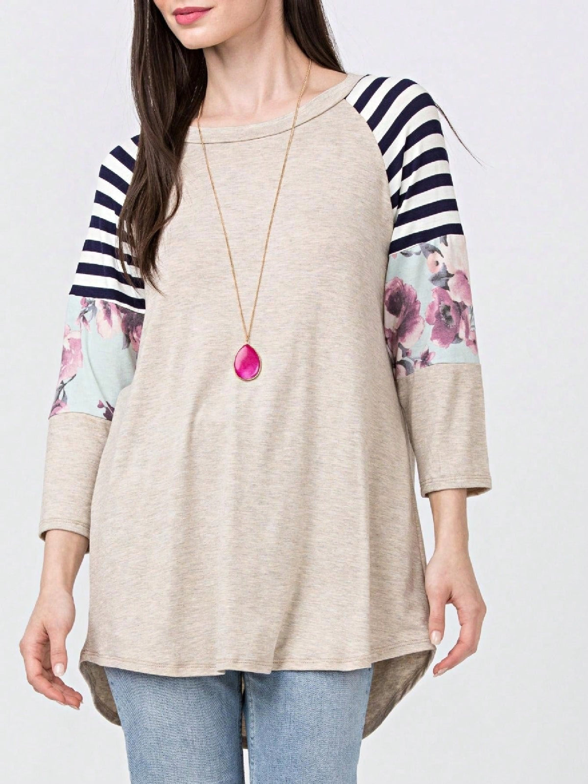 Boho Retro 90's Vintage  Floral Soft Stripe Raglan Oatmeal Cream High And Low Beige Sleeve Tunic Top Shirt