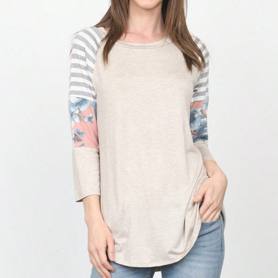 Boho Retro 90's Vintage  Floral Soft Stripe Raglan Oatmeal Cream High And Low Beige Sleeve Tunic Top Shirt