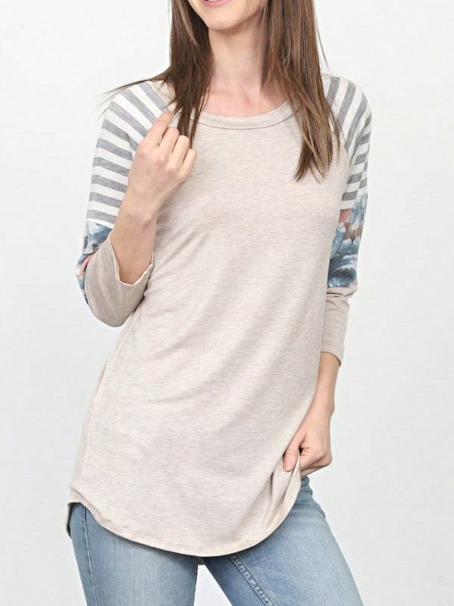 Boho Retro 90's Vintage  Floral Soft Stripe Raglan Oatmeal Cream High And Low Beige Sleeve Tunic Top Shirt
