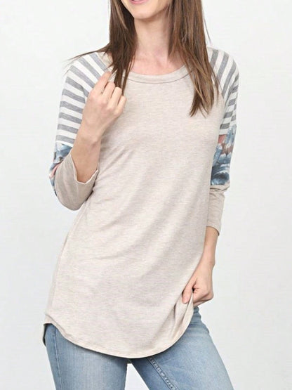 Boho Retro 90's Vintage  Floral Soft Stripe Raglan Oatmeal Cream High And Low Beige Sleeve Tunic Top Shirt
