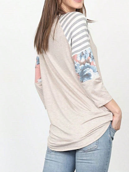Boho Retro 90's Vintage  Floral Soft Stripe Raglan Oatmeal Cream High And Low Beige Sleeve Tunic Top Shirt