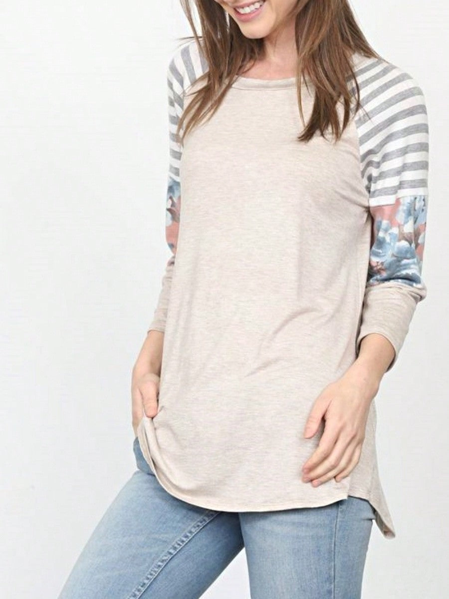 Boho Retro 90's Vintage  Floral Soft Stripe Raglan Oatmeal Cream High And Low Beige Sleeve Tunic Top Shirt