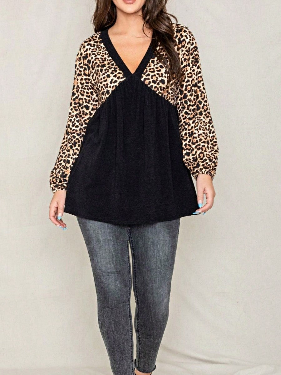 Boho Retro 90's Vintage Leopard Black Brown V Neck Empire Waist  Bubble Puff Long Sleeve Tunic Top