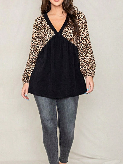 Boho Retro 90's Vintage Leopard Black Brown V Neck Empire Waist  Bubble Puff Long Sleeve Tunic Top