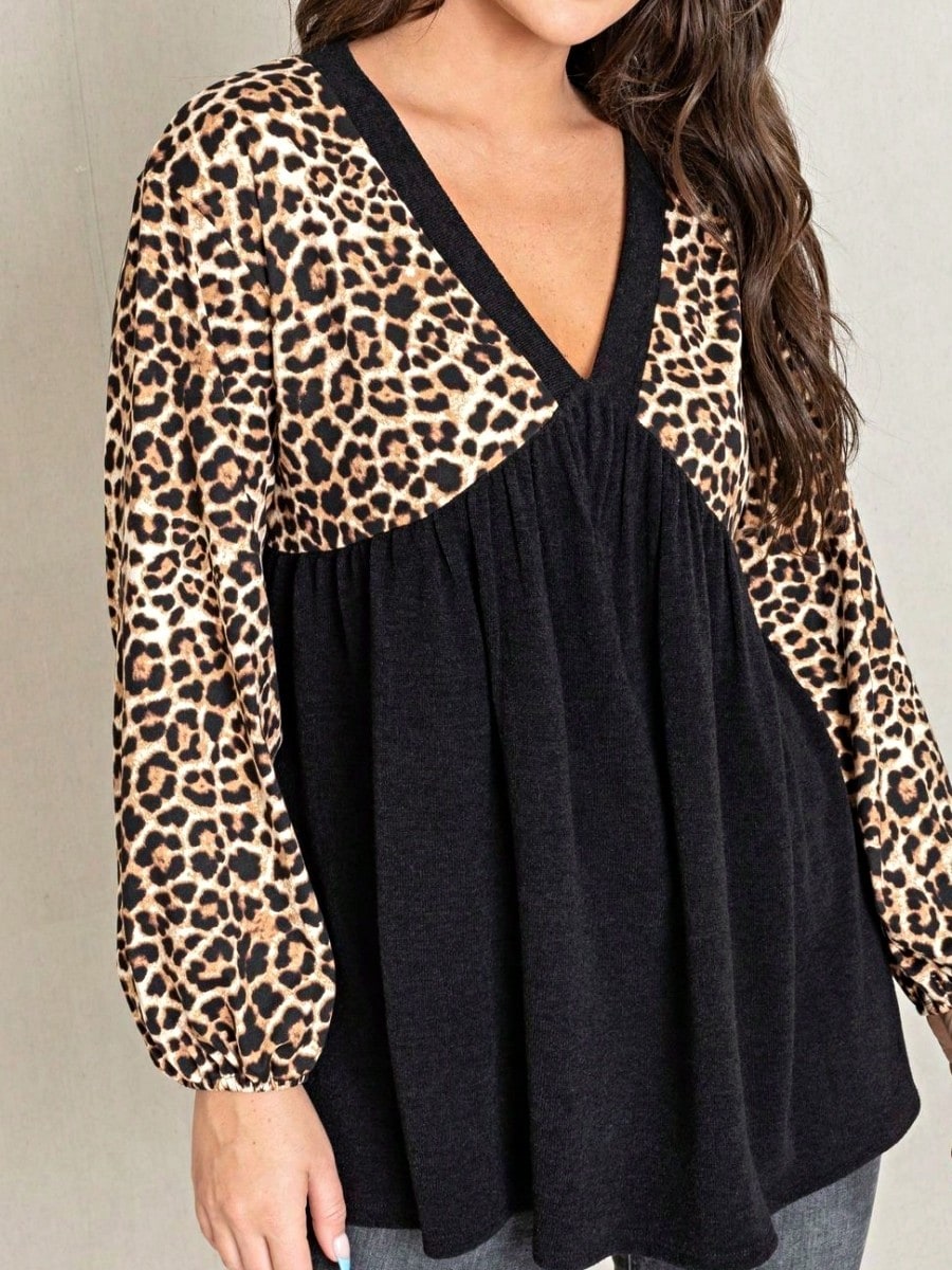 Boho Retro 90's Vintage Leopard Black Brown V Neck Empire Waist  Bubble Puff Long Sleeve Tunic Top