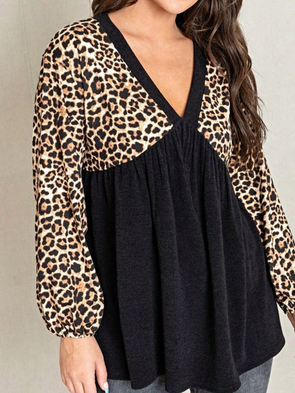 Boho Retro 90's Vintage Leopard Black Brown V Neck Empire Waist  Bubble Puff Long Sleeve Tunic Top
