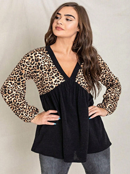 Boho Retro 90's Vintage Leopard Black Brown V Neck Empire Waist  Bubble Puff Long Sleeve Tunic Top
