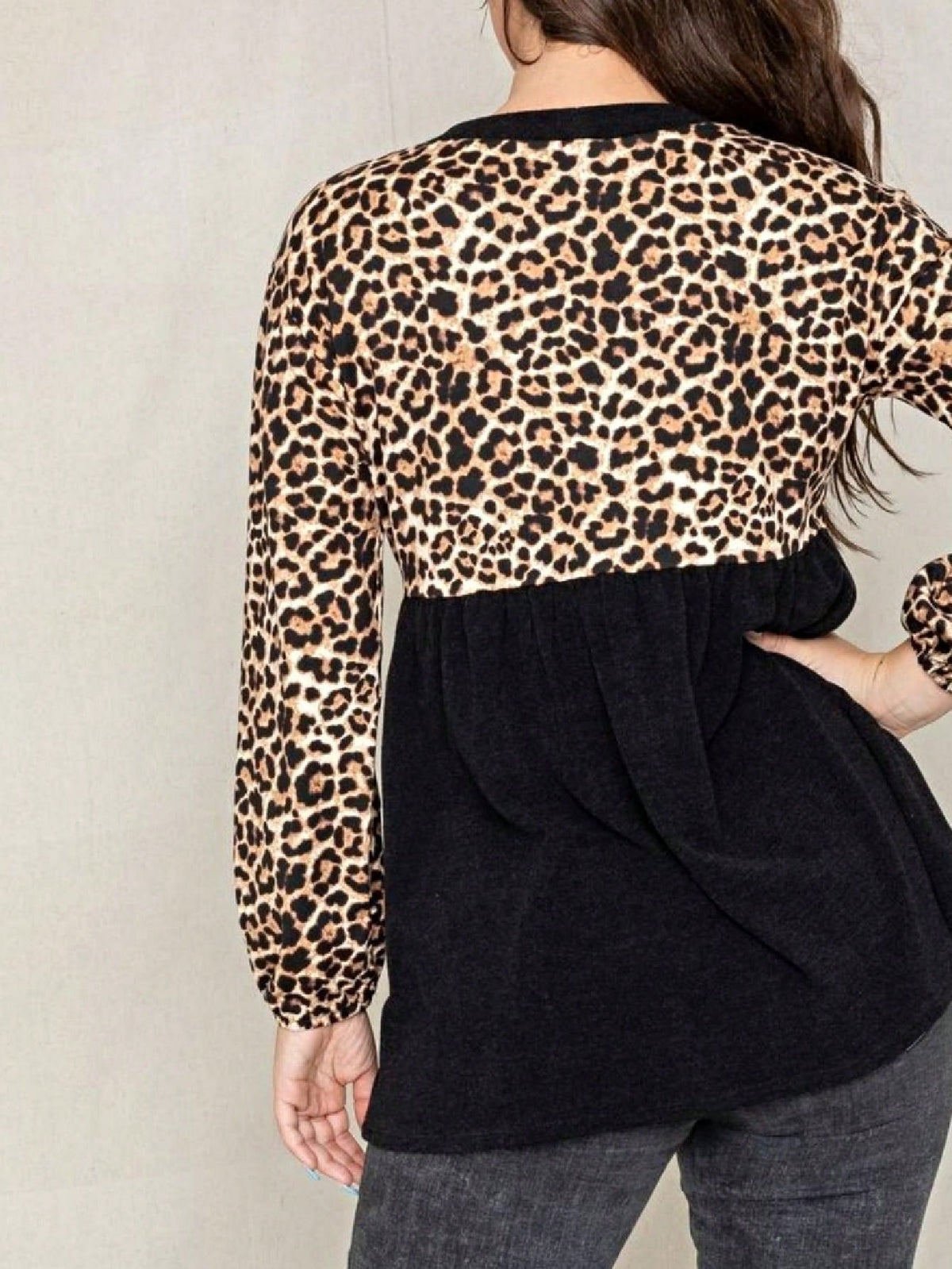 Boho Retro 90's Vintage Leopard Black Brown V Neck Empire Waist  Bubble Puff Long Sleeve Tunic Top