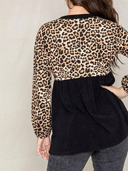 Boho Retro 90's Vintage Leopard Black Brown V Neck Empire Waist  Bubble Puff Long Sleeve Tunic Top