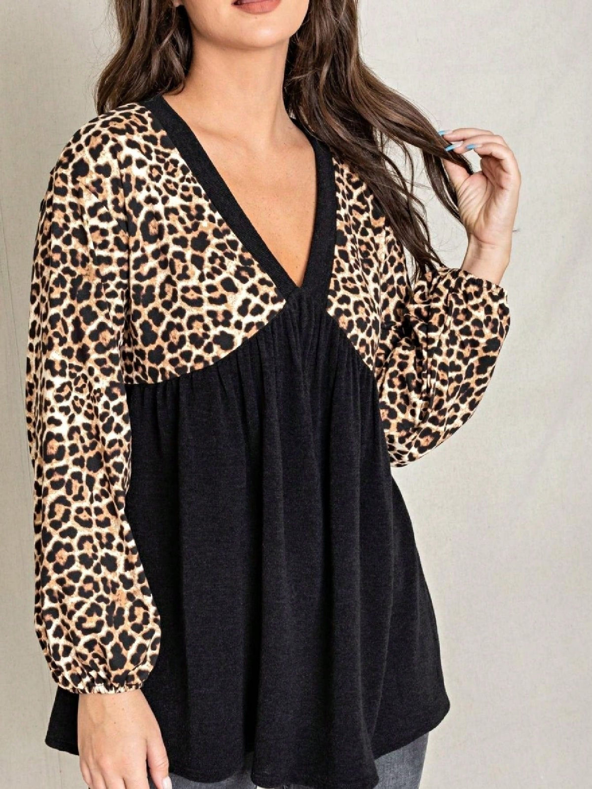 Boho Retro 90's Vintage Leopard Black Brown V Neck Empire Waist  Bubble Puff Long Sleeve Tunic Top