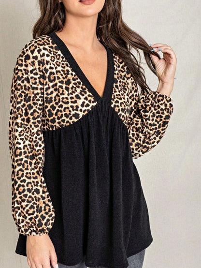 Boho Retro 90's Vintage Leopard Black Brown V Neck Empire Waist  Bubble Puff Long Sleeve Tunic Top