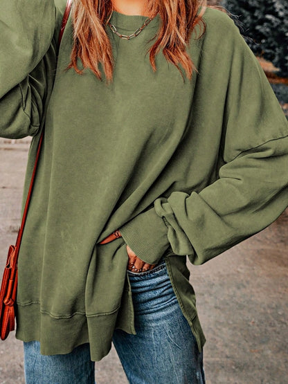 Boho Retro 60's Cotton Mix  Drop Shoulder Mineral Acid Washed Oversized Side Slit Dolman Shirt Top  Sweatshirt Pullover