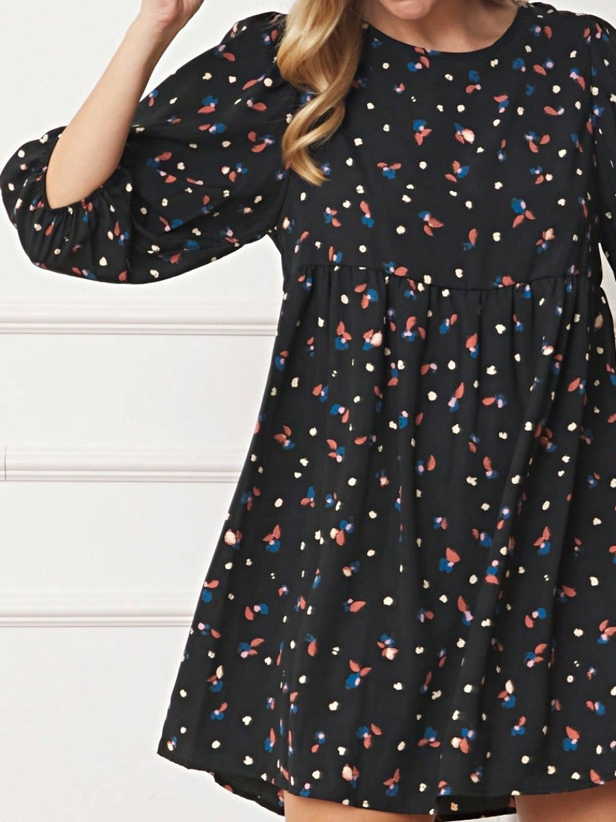 Boho Retro 90's Dot Baby Doll Tiered Ruffle Swing Black Brown Woven Fall Dress Small To 3XL Plus