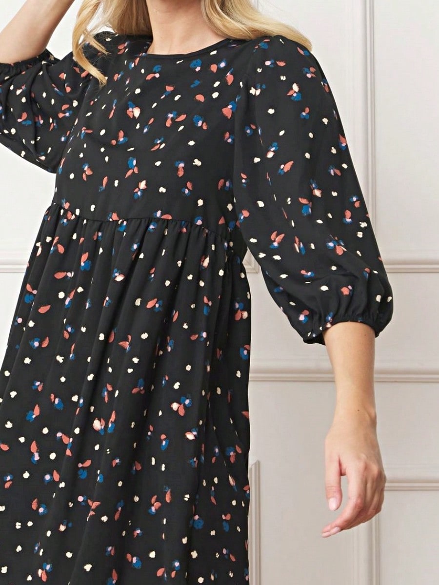 Boho Retro 90's Dot Baby Doll Tiered Ruffle Swing Black Brown Woven Fall Dress Small To 3XL Plus