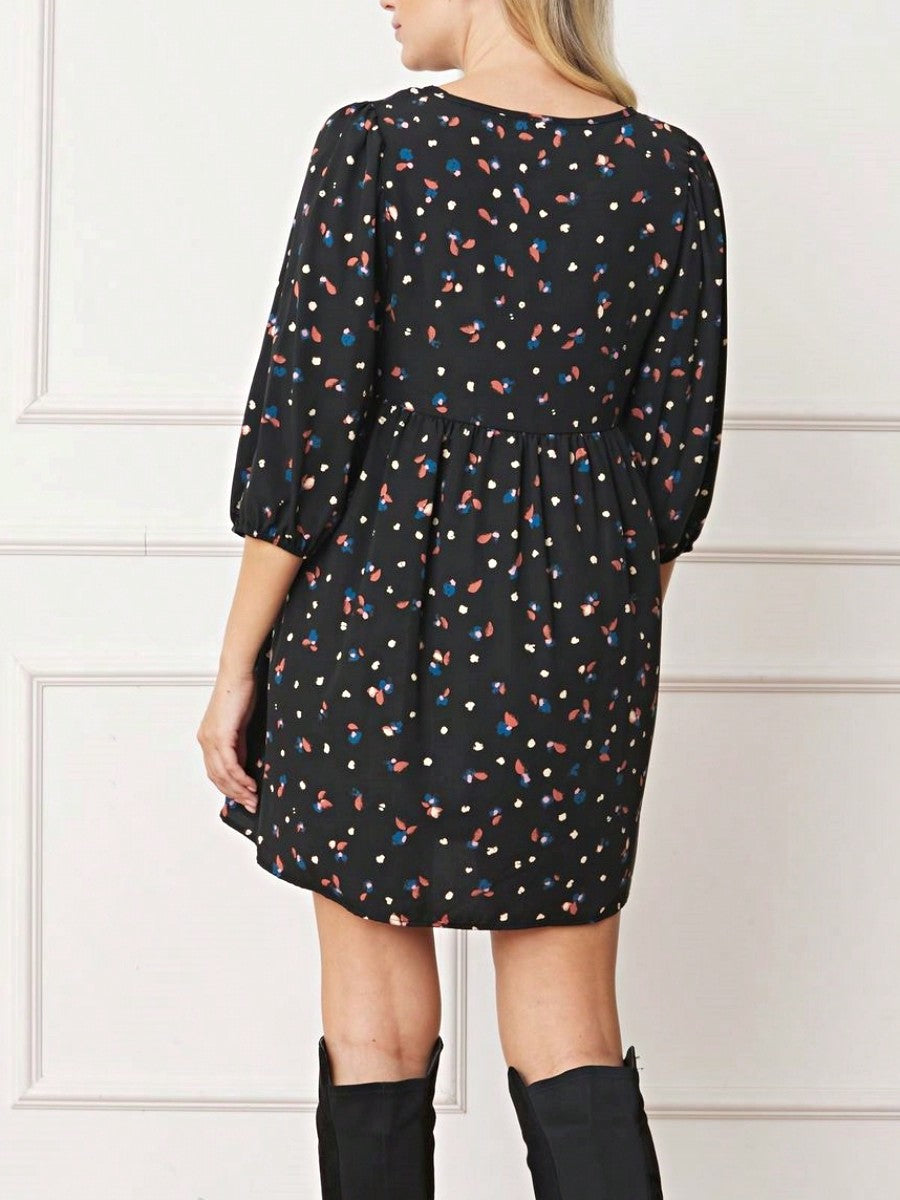 Boho Retro 90's Dot Baby Doll Tiered Ruffle Swing Black Brown Woven Fall Dress Small To 3XL Plus