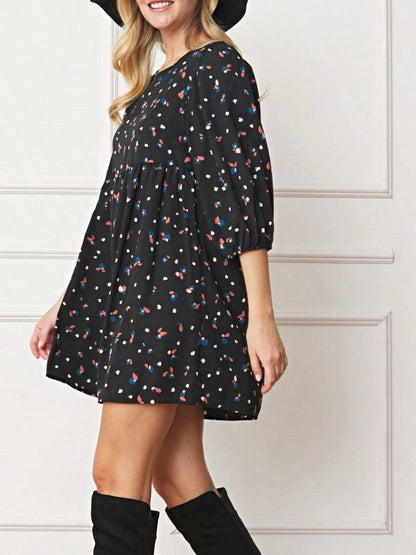 Boho Retro 90's Dot Baby Doll Tiered Ruffle Swing Black Brown Woven Fall Dress Small To 3XL Plus