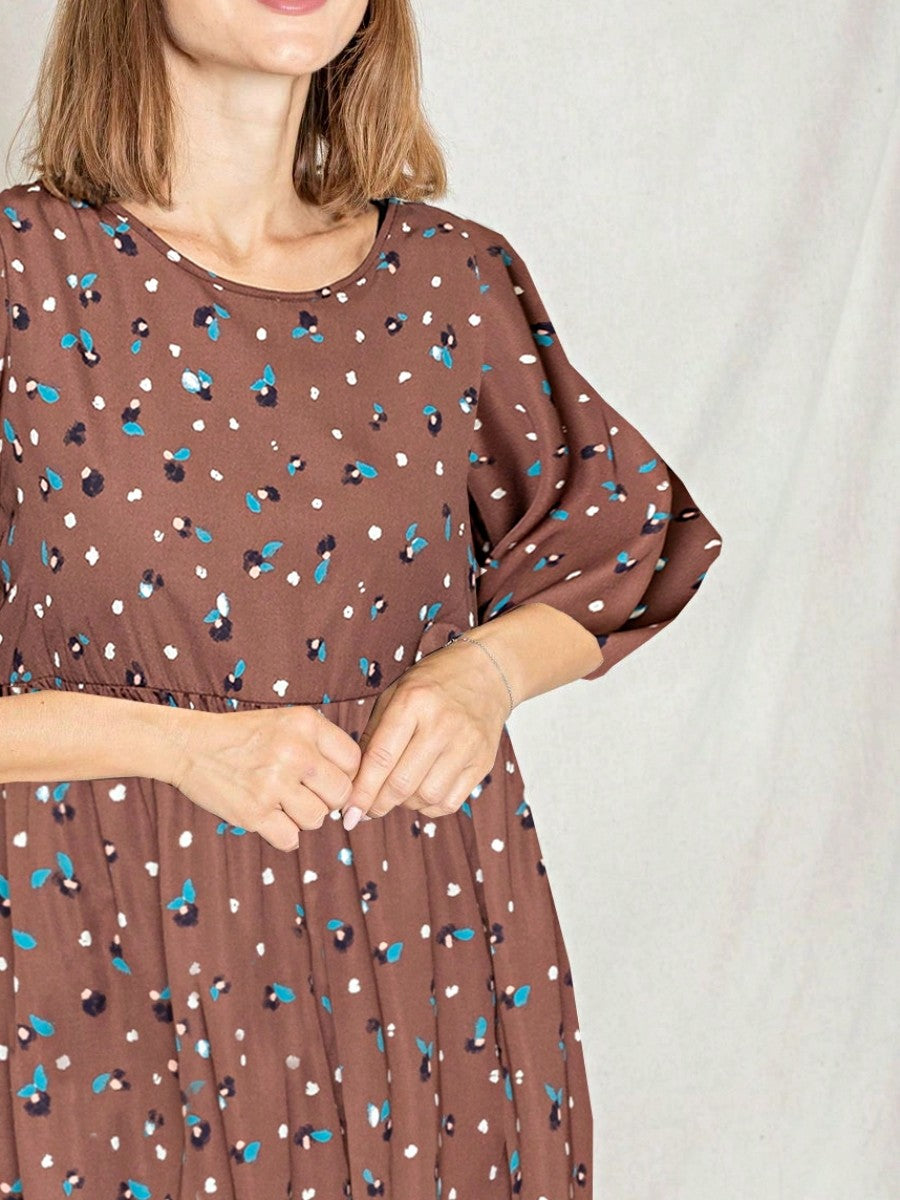 Boho Retro 90's Dot Baby Doll Tiered Ruffle Swing Black Brown Woven Fall Dress Small To 3XL Plus