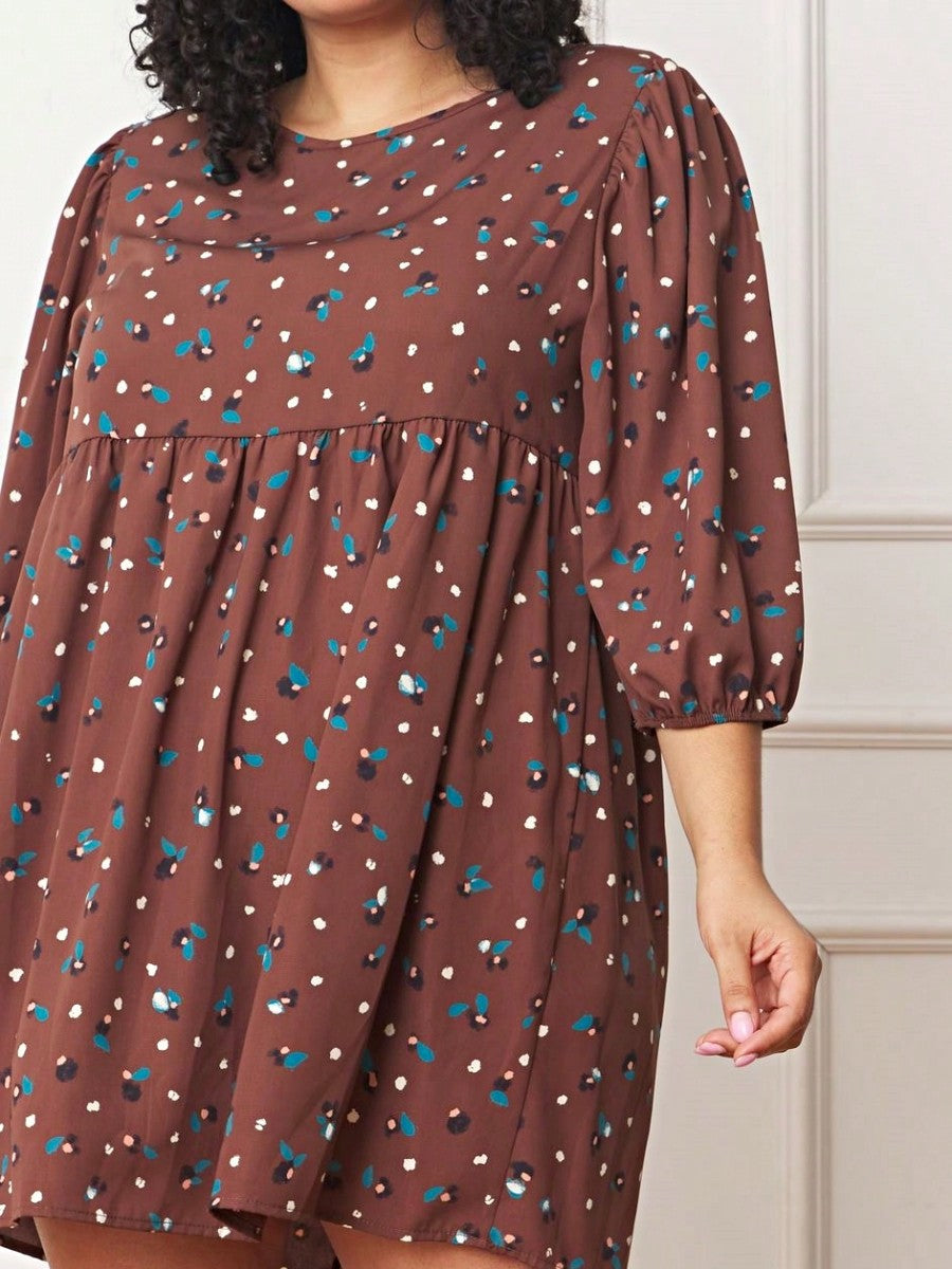 Boho Retro 90's Dot Baby Doll Tiered Ruffle Swing Black Brown Woven Fall Dress Small To 3XL Plus