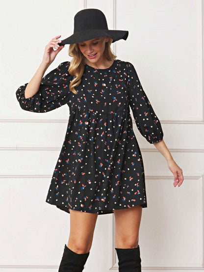 Boho Retro 90's Dot Baby Doll Tiered Ruffle Swing Black Brown Woven Fall Dress Small To 3XL Plus