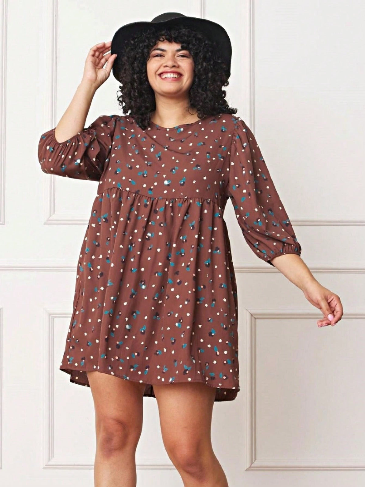 Boho Retro 90's Dot Baby Doll Tiered Ruffle Swing Black Brown Woven Fall Dress Small To 3XL Plus