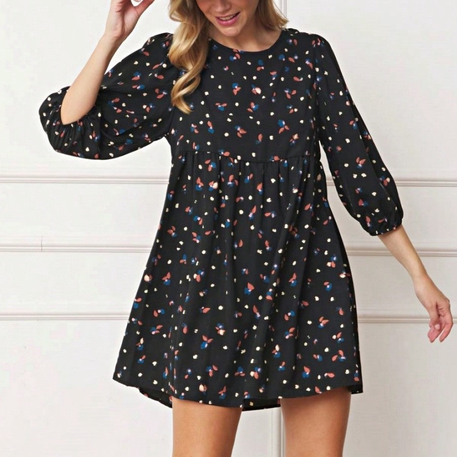 Boho Retro 90's Dot Baby Doll Tiered Ruffle Swing Black Brown Woven Fall Dress Small To 3XL Plus