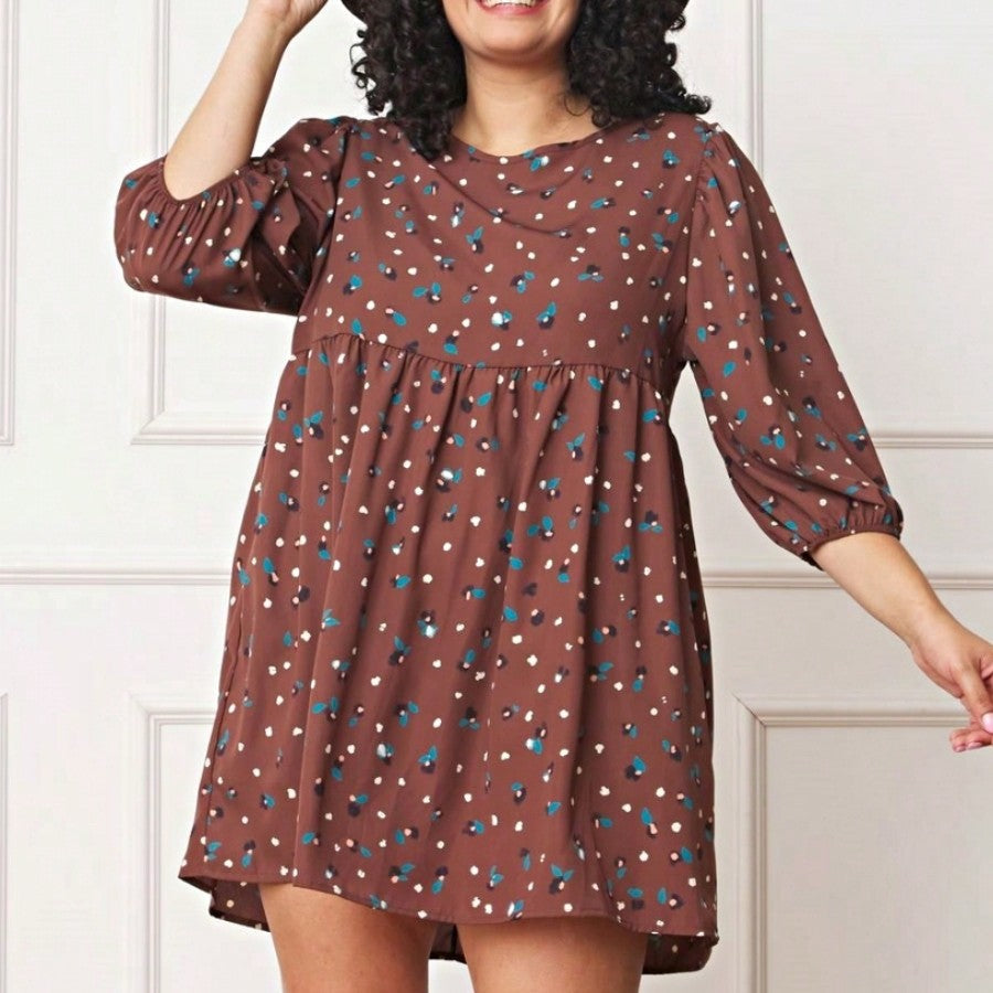 Boho Retro 90's Dot Baby Doll Tiered Ruffle Swing Black Brown Woven Fall Dress Small To 3XL Plus