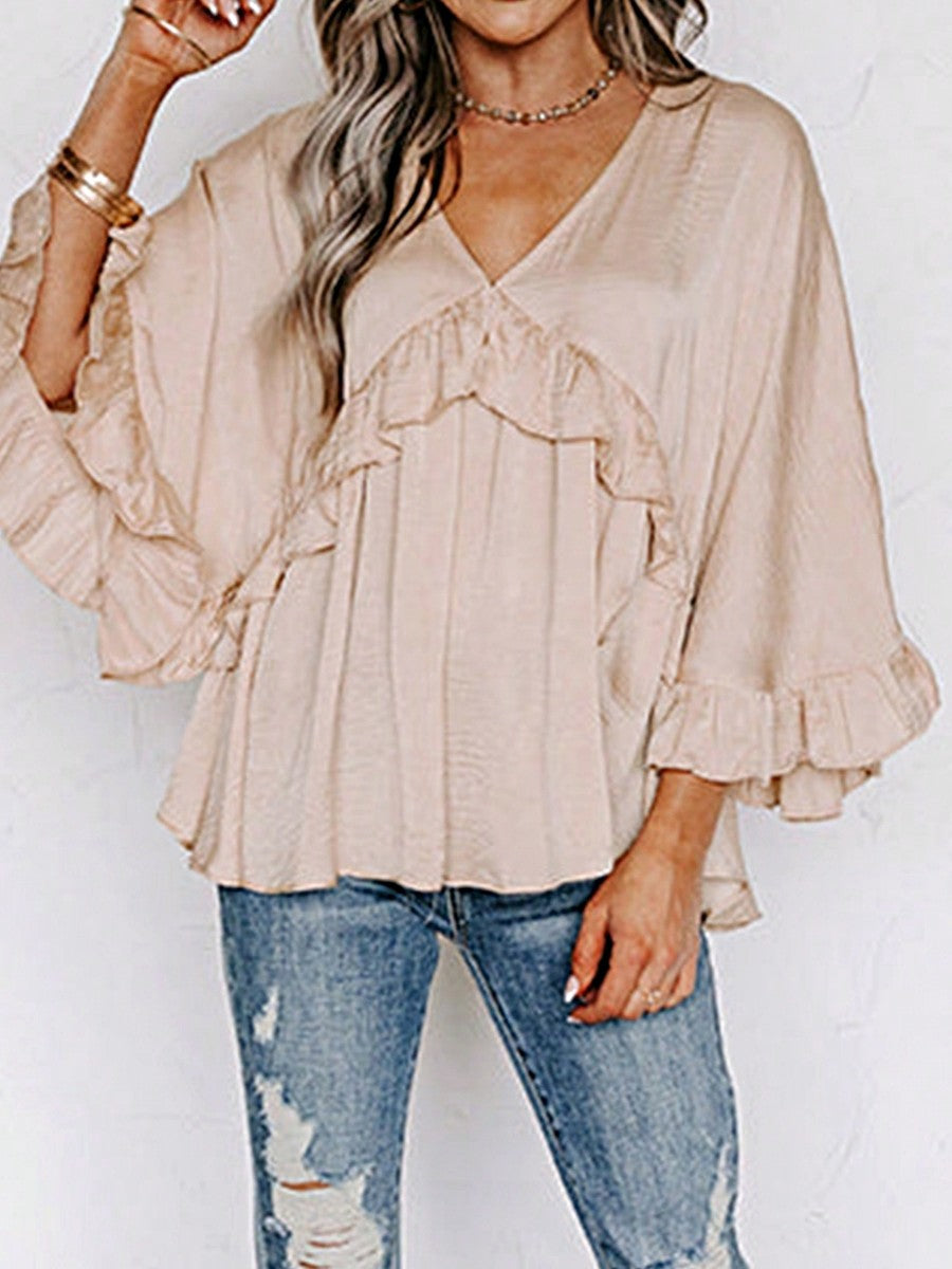Boho Retro Vintage Viscose 90's Khaki Beige Apricot Ruffle V Neck Half Sleeve Loose Top Shirt Blouse