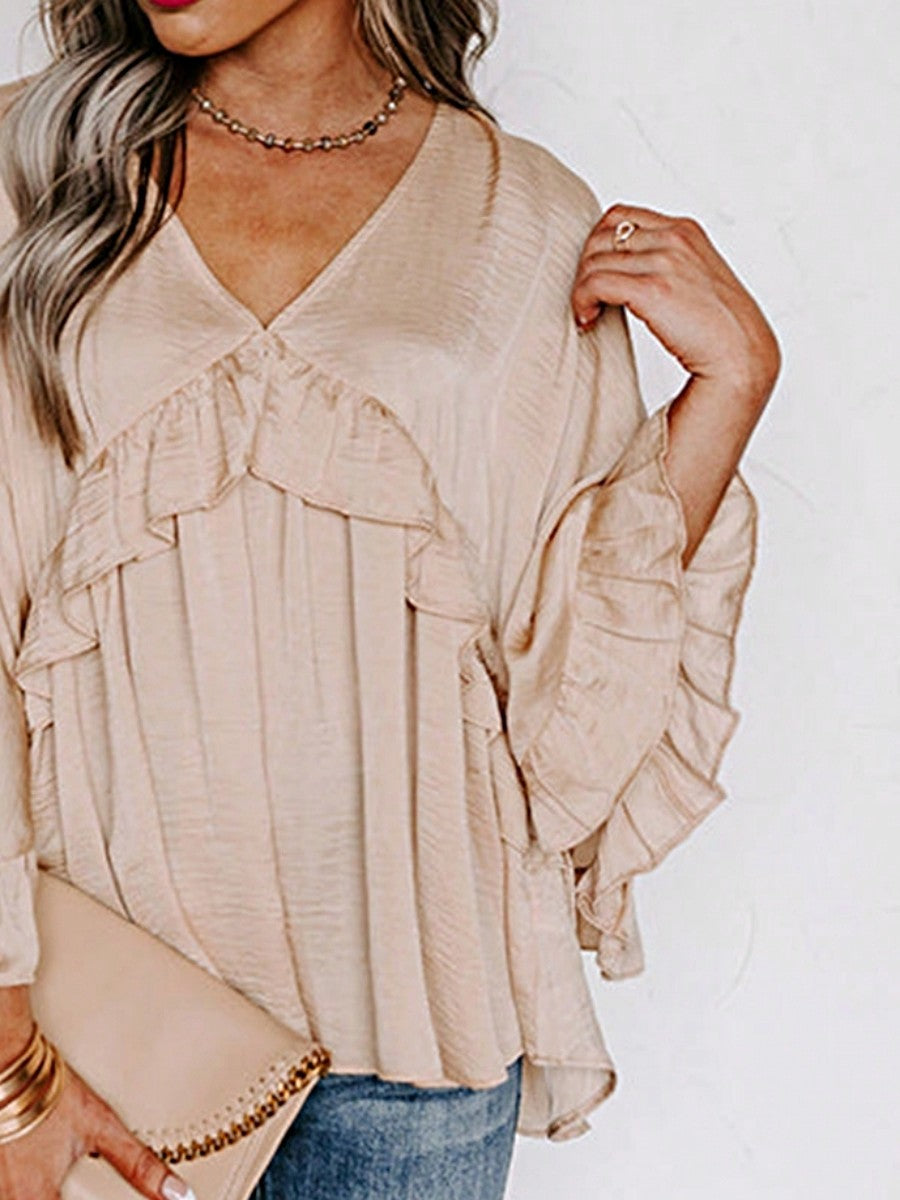 Boho Retro Vintage Viscose 90's Khaki Beige Apricot Ruffle V Neck Half Sleeve Loose Top Shirt Blouse