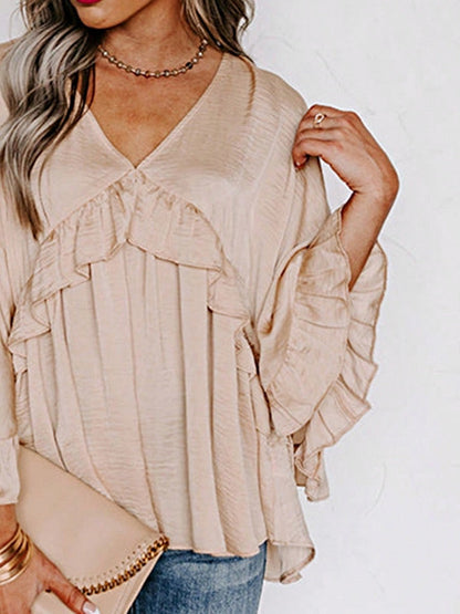 Boho Retro Vintage Viscose 90's Khaki Beige Apricot Ruffle V Neck Half Sleeve Loose Top Shirt Blouse