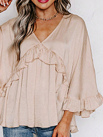 Boho Retro Vintage Viscose 90's Khaki Beige Apricot Ruffle V Neck Half Sleeve Loose Top Shirt Blouse