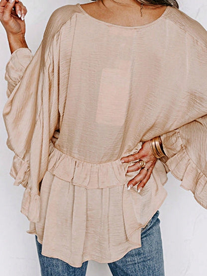 Boho Retro Vintage Viscose 90's Khaki Beige Apricot Ruffle V Neck Half Sleeve Loose Top Shirt Blouse