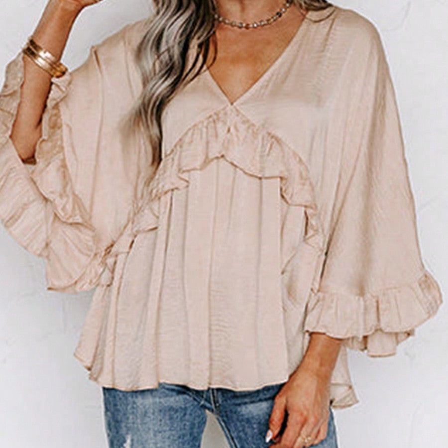 Boho Retro Vintage Viscose 90's Khaki Beige Apricot Ruffle V Neck Half Sleeve Loose Top Shirt Blouse