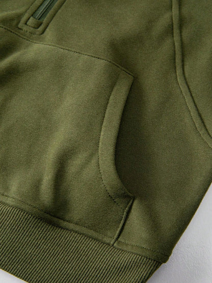 Boho Retro Vintage 90's Cotton Stand Collar  Solid Kangaroo Front Pocket Thumbhole Long Sleeve Zip Up Top Sweatshirt Pullover