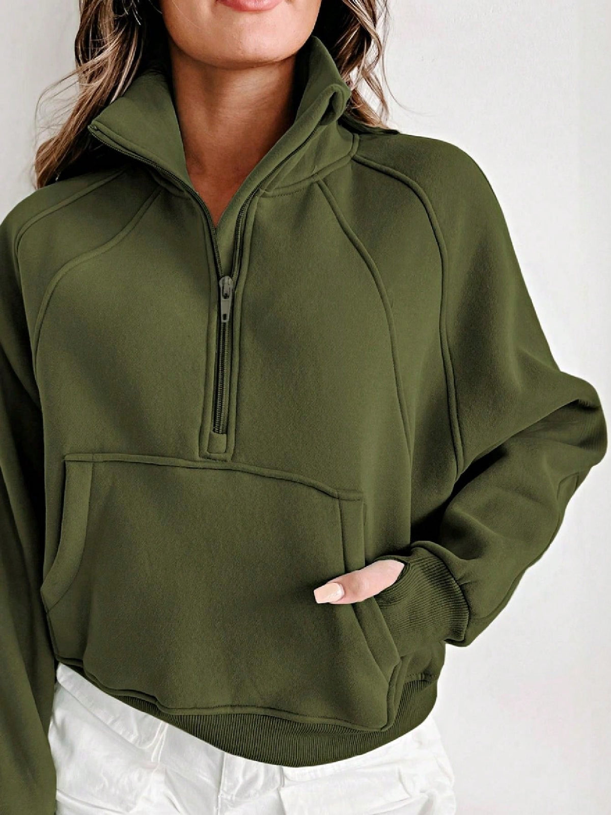 Boho Retro Vintage 90's Cotton Stand Collar  Solid Kangaroo Front Pocket Thumbhole Long Sleeve Zip Up Top Sweatshirt Pullover
