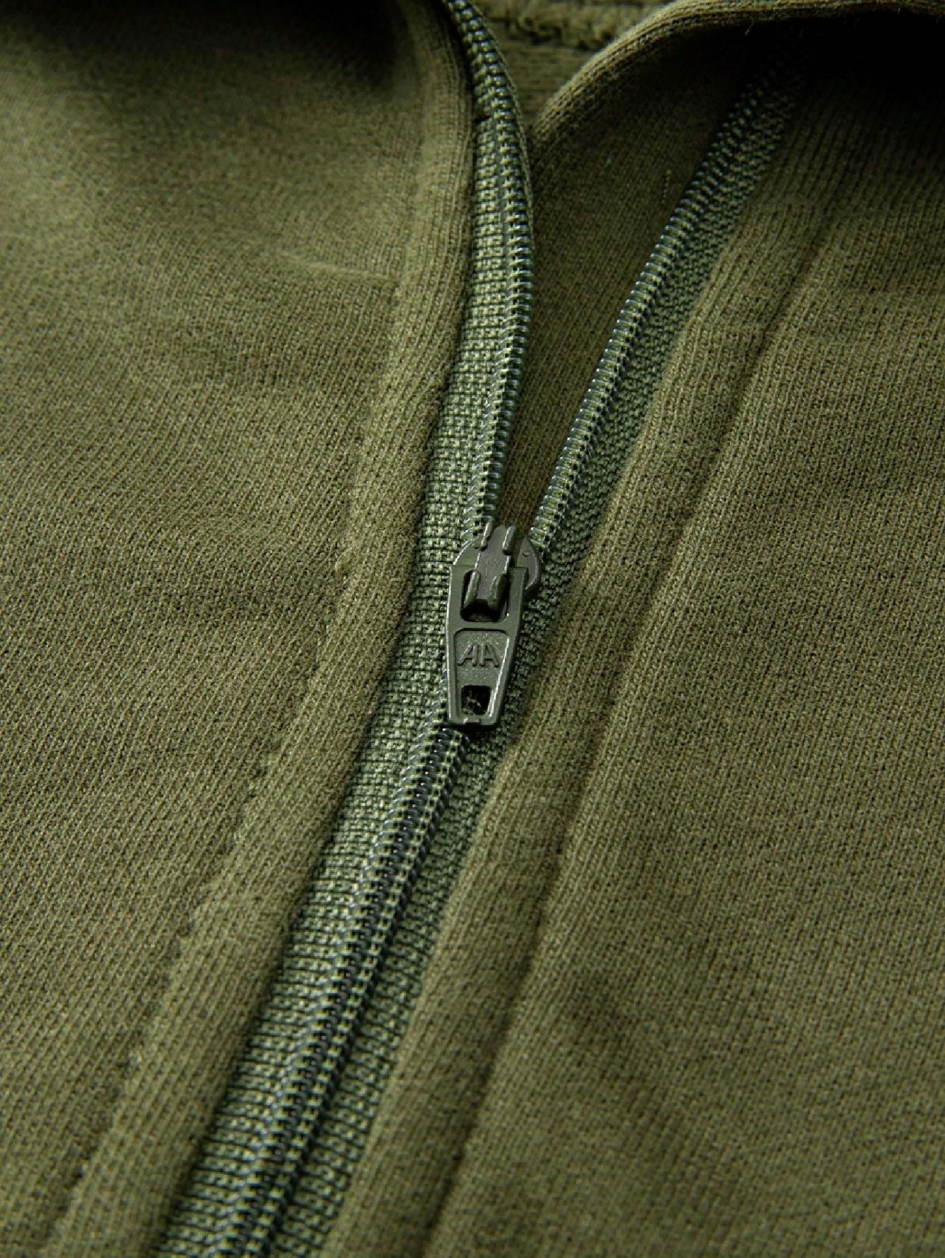 Boho Retro Vintage 90's Cotton Stand Collar  Solid Kangaroo Front Pocket Thumbhole Long Sleeve Zip Up Top Sweatshirt Pullover