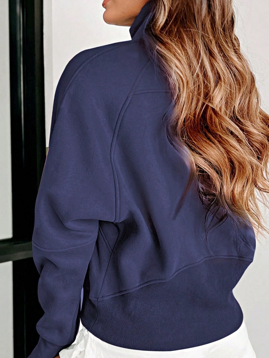 Boho Retro Vintage 90's Cotton Stand Collar  Solid Kangaroo Front Pocket Thumbhole Long Sleeve Zip Up Top Sweatshirt Pullover
