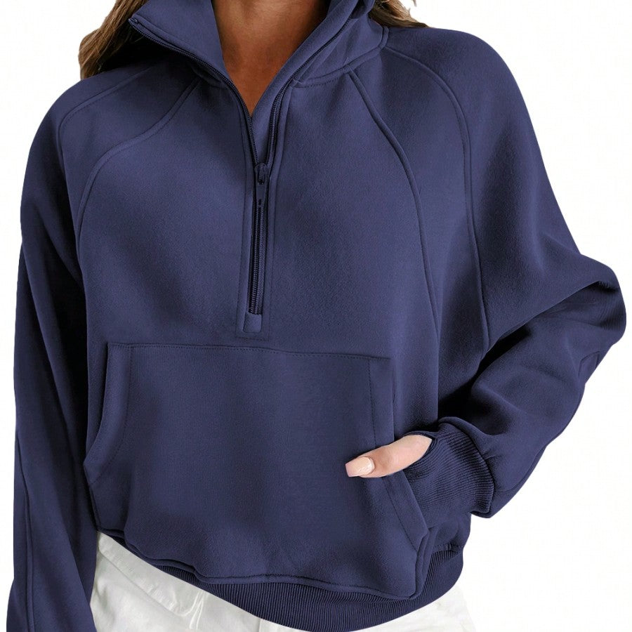 Boho Retro Vintage 90's Cotton Stand Collar  Solid Kangaroo Front Pocket Thumbhole Long Sleeve Zip Up Top Sweatshirt Pullover