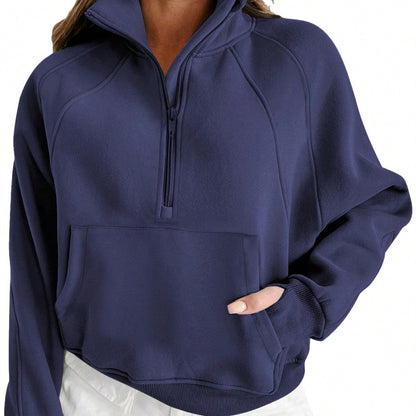 Boho Retro Vintage 90's Cotton Stand Collar  Solid Kangaroo Front Pocket Thumbhole Long Sleeve Zip Up Top Sweatshirt Pullover