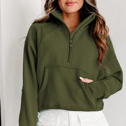 Boho Retro Vintage 90's Cotton Stand Collar  Solid Kangaroo Front Pocket Thumbhole Long Sleeve Zip Up Top Sweatshirt Pullover