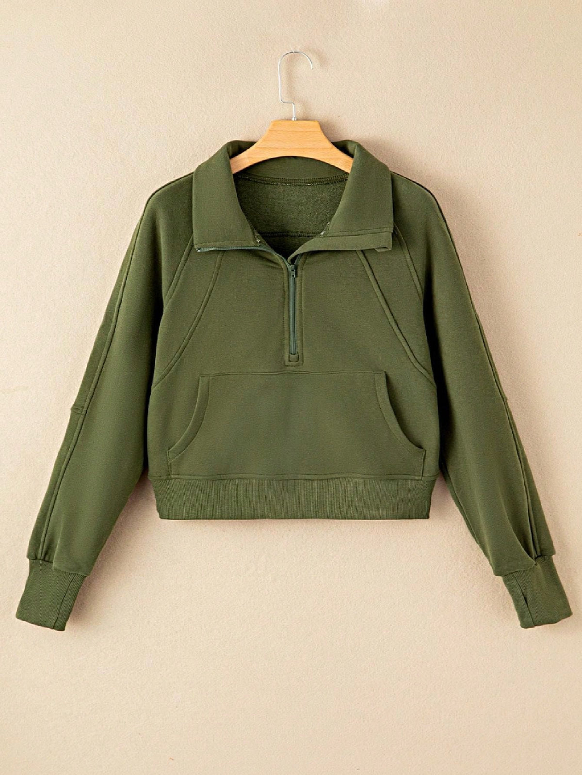 Boho Retro Vintage 90's Cotton Stand Collar  Solid Kangaroo Front Pocket Thumbhole Long Sleeve Zip Up Top Sweatshirt Pullover