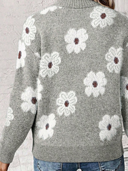 Boho Retro 60's Vintage Half Zip Collar Drop Shoulder Fuzzy Cozy Floral Pink Grey  Shirt Top  Sweatshirt Pullover