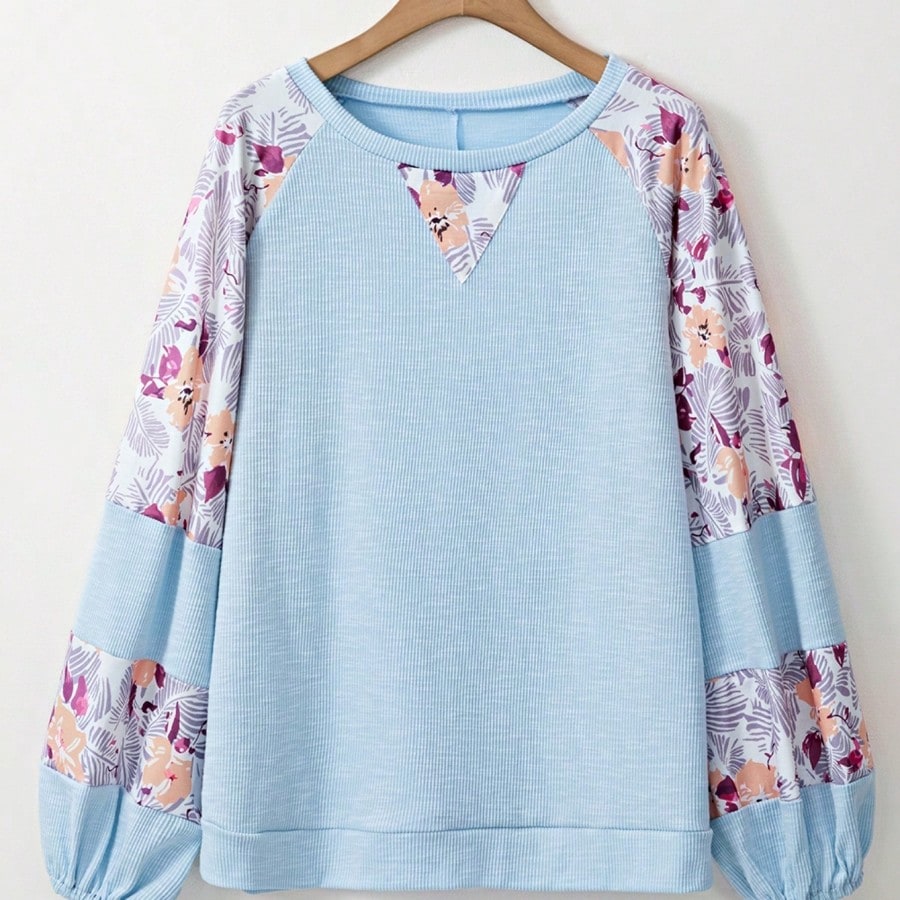 Boho Retro Vintage 60's Vibe Cream Cotton Raglan Lantern Bubble Puff  Sleeve  Floral Rib Patchwork Top Sweat Shirt Blouse