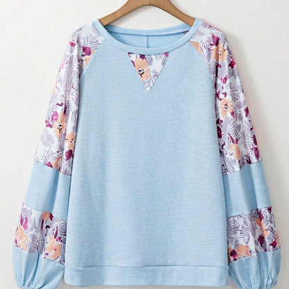 Boho Retro Vintage 60's Vibe Cream Cotton Raglan Lantern Bubble Puff  Sleeve  Floral Rib Patchwork Top Sweat Shirt Blouse