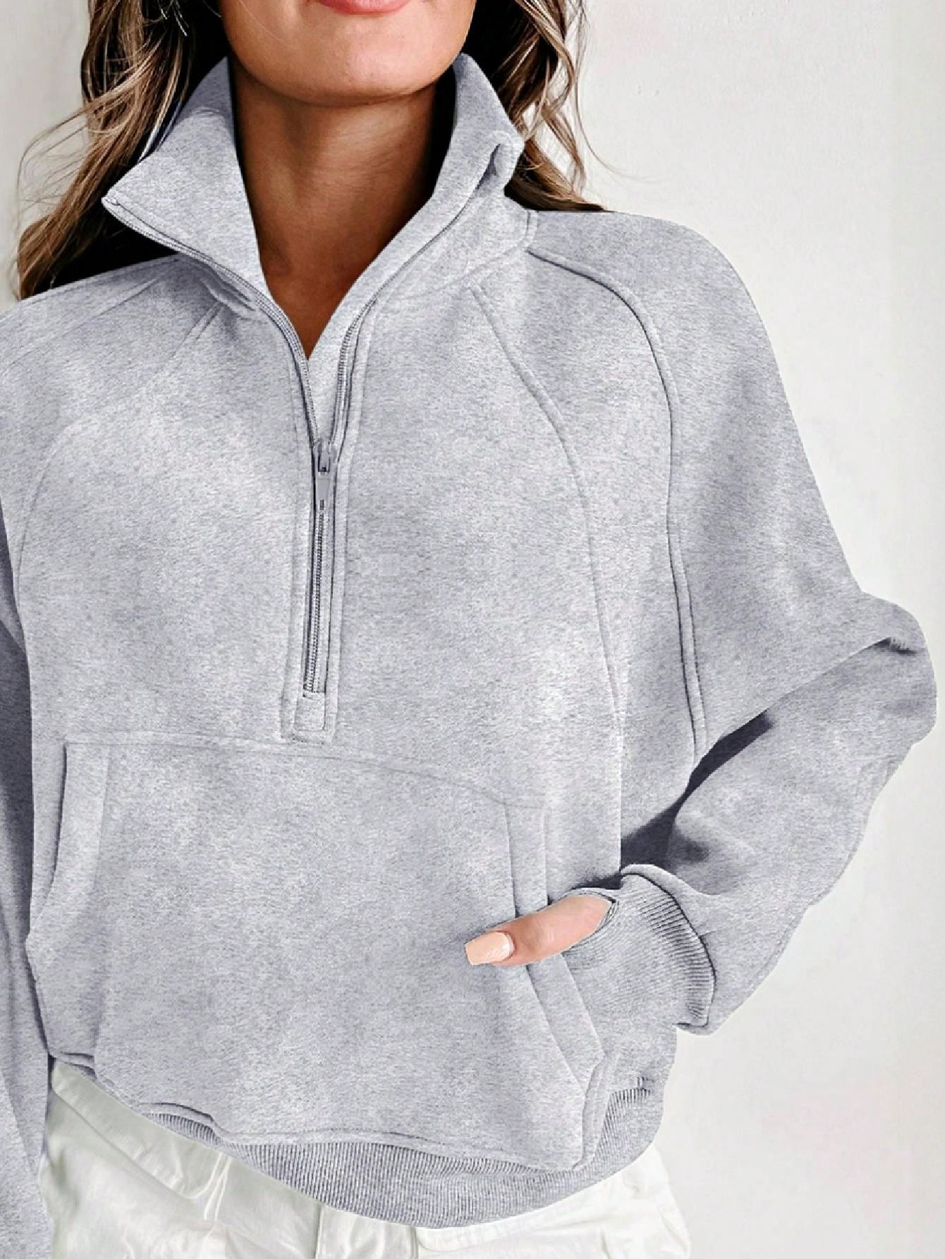Boho Retro Vintage 90's Cotton Stand Collar  Solid Kangaroo Front Pocket Thumbhole Long Sleeve Zip Up Top Sweatshirt Pullover