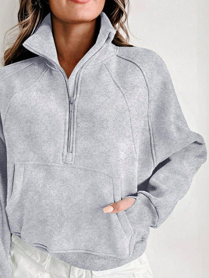 Boho Retro Vintage 90's Cotton Stand Collar  Solid Kangaroo Front Pocket Thumbhole Long Sleeve Zip Up Top Sweatshirt Pullover