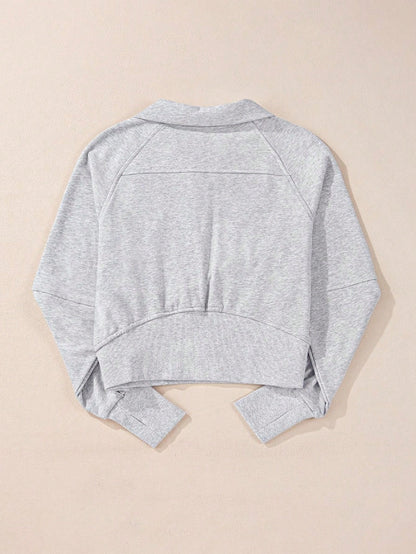 Boho Retro Vintage 90's Cotton Stand Collar  Solid Kangaroo Front Pocket Thumbhole Long Sleeve Zip Up Top Sweatshirt Pullover