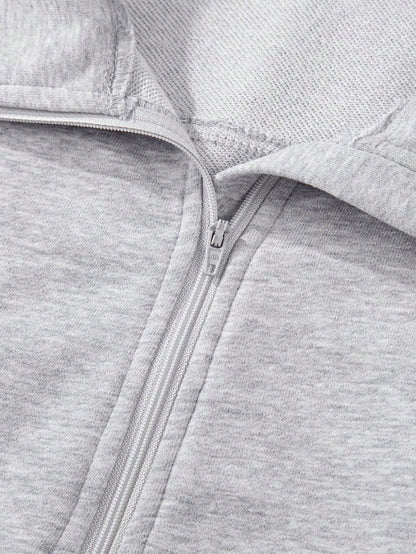 Boho Retro Vintage 90's Cotton Stand Collar  Solid Kangaroo Front Pocket Thumbhole Long Sleeve Zip Up Top Sweatshirt Pullover